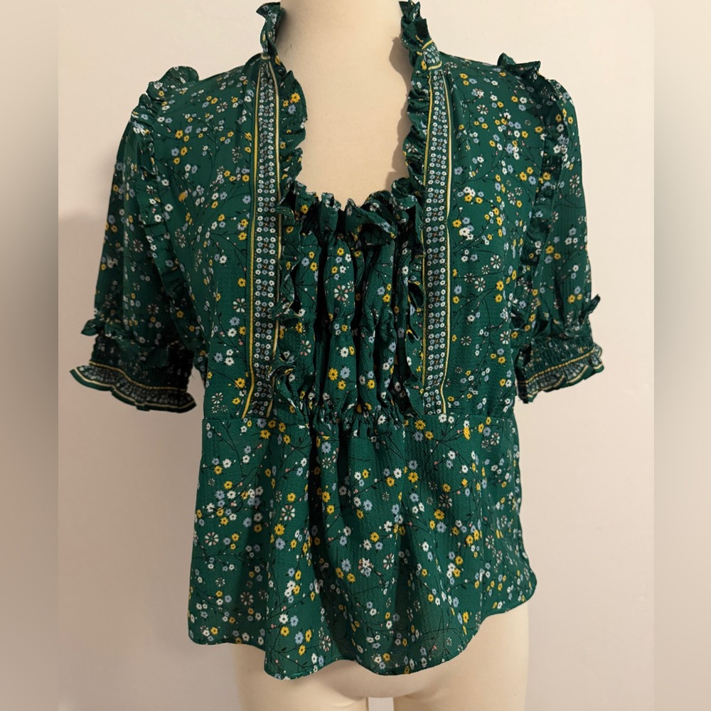 Max Studio Green Floral Ruffle Blouse Small